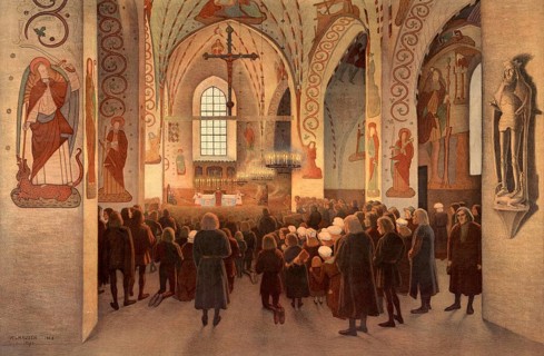 Religion, Catholic pilgrims in a pilgrimage church in Finland, around 1550, illustration,