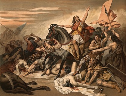 The Battle of Zülpich, Tolbiacum, in 496 was a decisive victory of the Franks under Clovis I