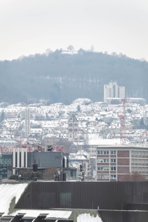 March 18, 2018, winter view with snow toward Mount Scherbelino from main station tower, Stuttgart,
