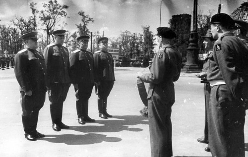 Shukov meets Montgomery at Brandenburg Gate, Berlin, Germany, June 1945