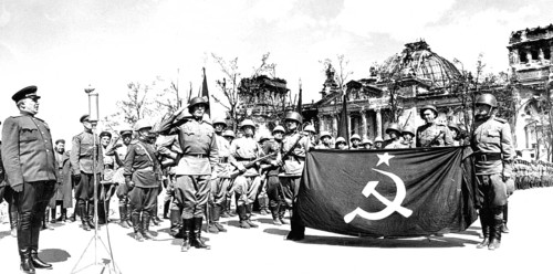 May 20, 1945, City Commander Bersarin addresses the Reichstag on the occasion of the ceremonial