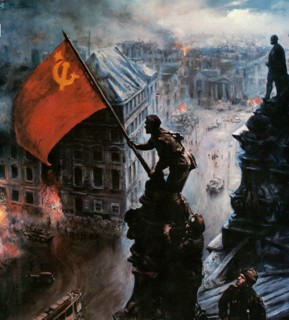 Painting based on the photo by J. Chaldej. At the Berlin Reichstag, May 2, 1945, three Soviet