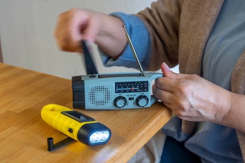 Emergency equipment, flashlight and radio with crank operation, by turning the crank we generate