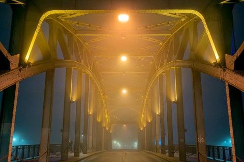 Weserbrücke Nacht fog Rinteln Germany
