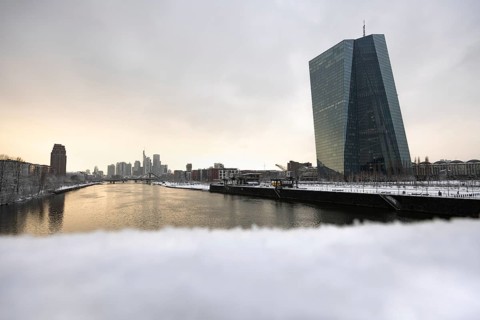 Snow lies along the banks of the Main from the European Central Bank (ECB) to the Frankfurt banking