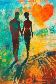 Couple walking hand in hand in a love silhouette, Painting like composition, AI generated