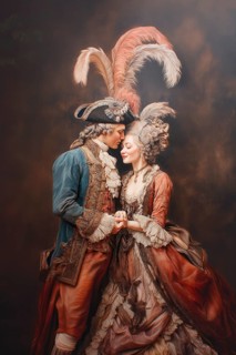 Couple dressed in French style gown in a romantic embrace, Painting like composition, AI generated