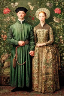 Renaissance couple in a romantic embrace, Painting like composition, AI generated