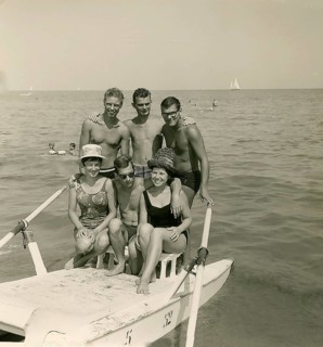 Historical photo summer 1961, tourists, beach, Rimini, Italy
