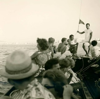 Historical photo summer 1961, tourists, beach, Rimini, Italy