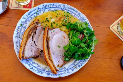 Roast pork with potato salad, Erlebnisgaststätte Erlensee, near Schechen, Upper Bavaria, Bavaria,