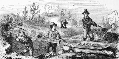 Gold seekers mining, USA, hilly landscape, mineral resources, precious metal, tools, hoe and