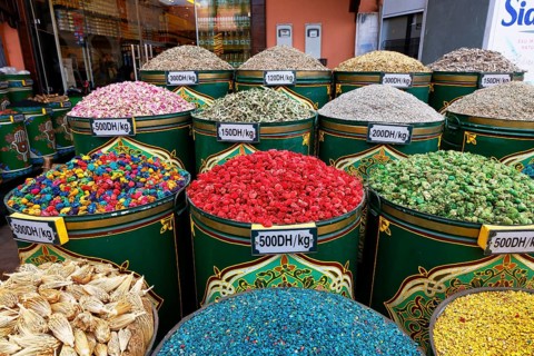 Sales stand selling spices and herbs at a market in Marrakech, historic old town, Medina, UNESCO