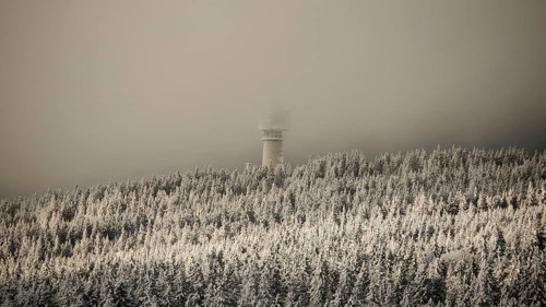 A snow-covered forest with a tower in thick fog, wintry and mystical, view from Nusshardt towards
