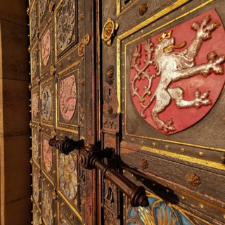 Wooden door of a church, Basilica of St. Peter and Paul, Prague, Czech Republic