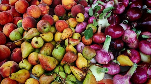 Fresh fruit and vegetables in vivid colors on a market stand, Maribor, Slovenia
