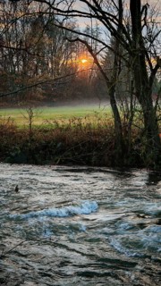 A quiet autumn evening on the river flowing through a forest as the sun sets behind the trees,