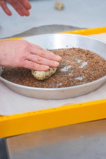 Hands press dough into seeds within a round pan to prepare, bake rolls, Haselstaller Hof,