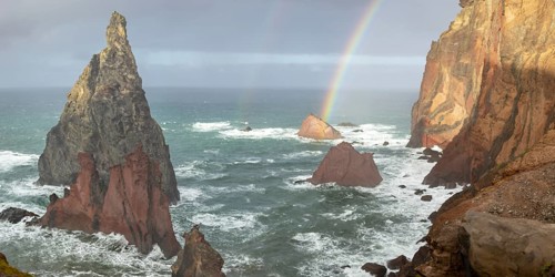 Sunset, rainbow at sea, volcanic peninsula, Ponta de São Lourenço, Ponta de Sao Lourenco, rocky