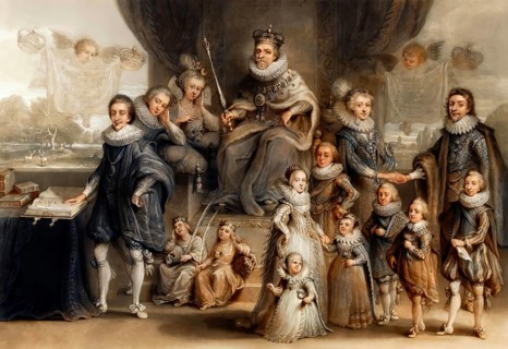 James VI and I, James Charles Stuart, 1566 – 1625, King of England, with his family and his Royal