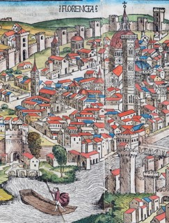 Old town of Florence or Florencia with river Arno, Florence Cathedral or Duomo di Firenze, colored