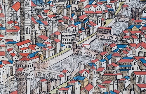 Old town of Florence or Florencia with river Arno, colored woodcut from: Nuremberg Chronicle or