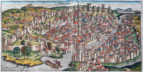 Old town of Florence or Florencia with river Arno, Florence Cathedral or Duomo di Firenze, colored