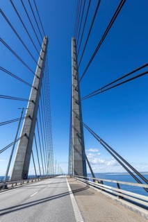 Roadway on the Öresund Bridge, Øresundsbrön, world's longest cable car bridge, connecting