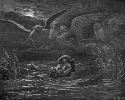 Moses suspension in reeds on the banks of the Nile, story, exodus, second book of Moses, chapter 2,
