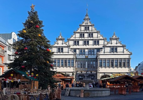 Weser Renaissance style town hall with Christmas market on Rathausplatz, Paderborn,
