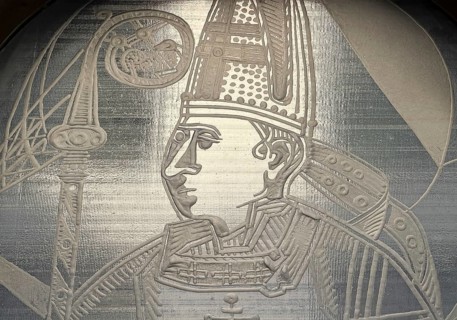 Motif of a bishop by Josefthomas Brinkschröder, glass window in the town hall of the city of