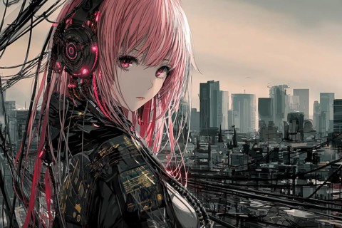 Cyberpunk anime girl with pink hair, glowing eyes and headphones in front of a city skyline, AI