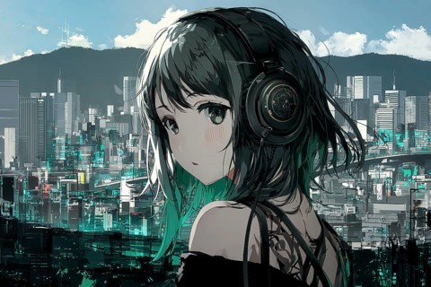 Cute Japanese anime girl with black hair in front of a city skyline, AI generated