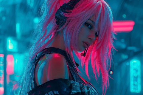 Cyberpunk anime girl with pink hair and headphones in a neon light environment, AI generated