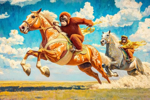 Orangutans participating in horse racing, AI generated