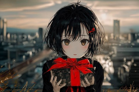 Cute Japanese anime girl with black hair and a gift in the hand in front of a city skyline, AI