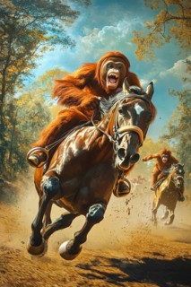 Orangutans participating in horse racing, AI generated