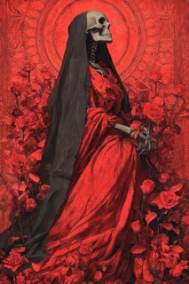 Frightened representation of the allegory of death symbolized by a dressed skeleton, AI generated