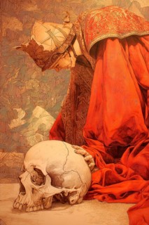 Medieval representation of the allegory of Death symbolized by man and skulls, AI generated