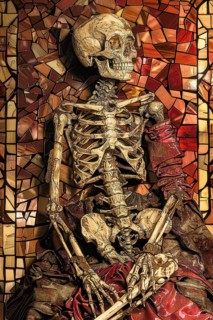 Surrealistic representation of the allegory of Death symbolized by a skeleton, AI generated