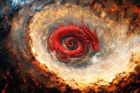 Mythic red dragon emerging from a cosmic fire spiral, AI generated