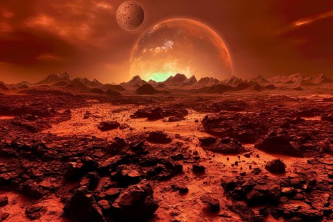 Imaginary desolate landscape of a red planet after an earthquake, AI generated