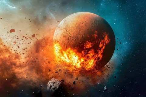 Imaginary planet burning in space after a collision with a giant comet, AI generated