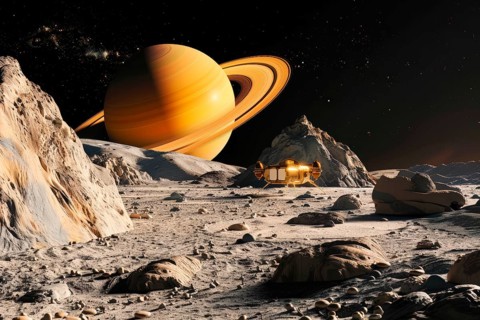 Base on a distant planet with Saturn behind, AI generated