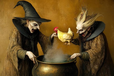 Two horrible witches preparing a chicken to be boiled in a cauldron, AI generated