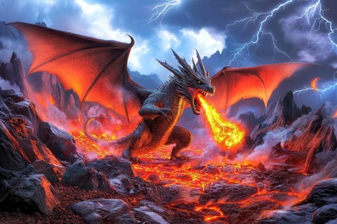 Ferocious fire breathing dragon with open wings, claws and fangs over a lava flow in a mountainous