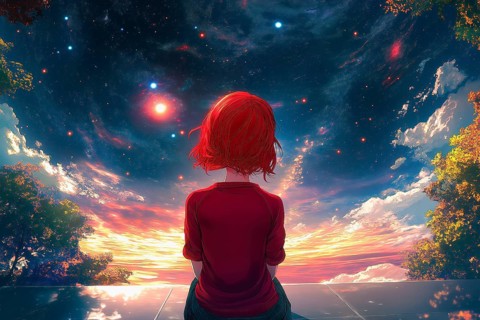 Anime girl with red hair captivated by the vision of a universe full of planets and stars, AI
