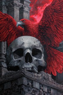 Allegory of Death symbolized by red raven on a skull, AI generated
