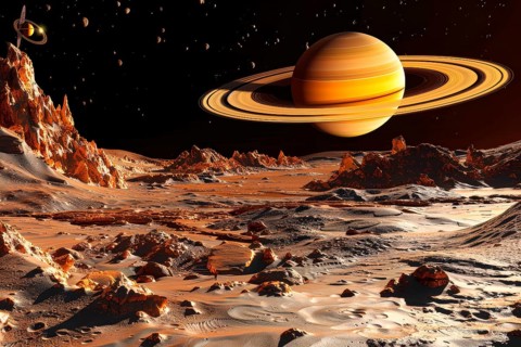 View on Saturn from a distant planet, AI generated