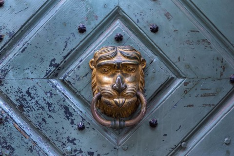 Lion's head as a door knocker at a historic entrance gate, Krakow, Poland